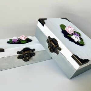 Handmade Jewelry Box | Distressed Farmhouse Wood Keepsake Box with Clay Flowers